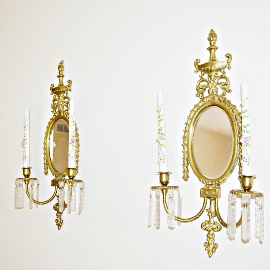 Brass Candle Wall Sconces with Porcelain Candlesticks, Vintage