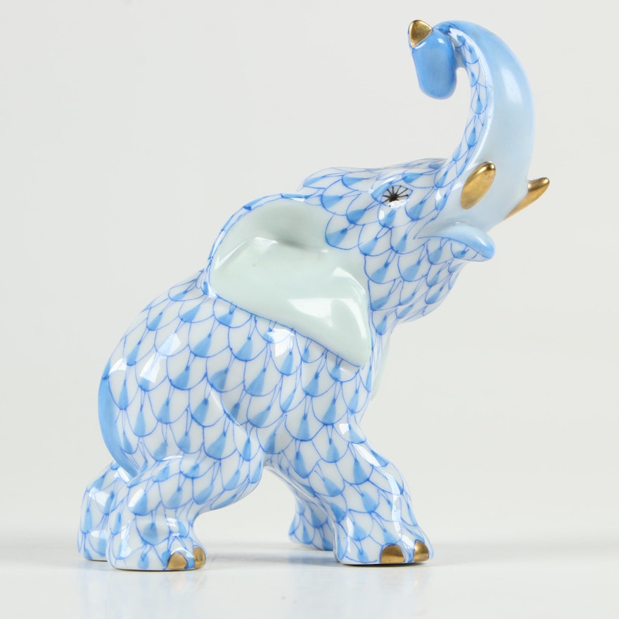Herend Blue Fishnet with Gold "Elephant" Porcelain Figurine