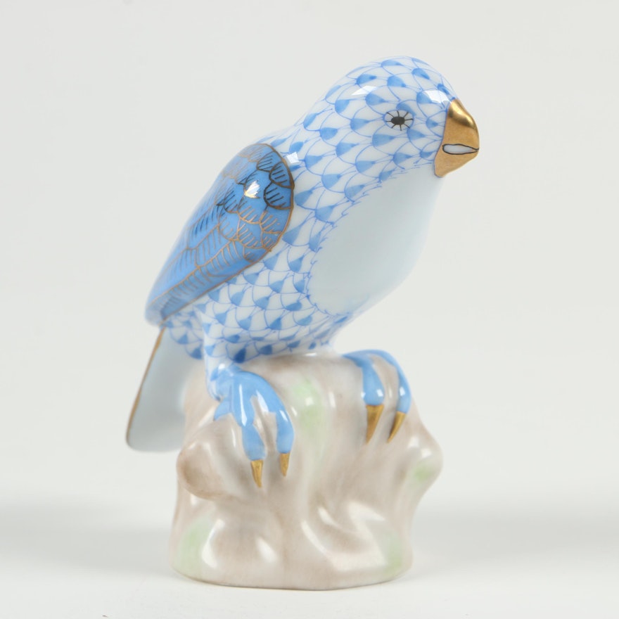 Herend Blue Fishnet with Gold "Sitting Parrot" Porcelain Figurine