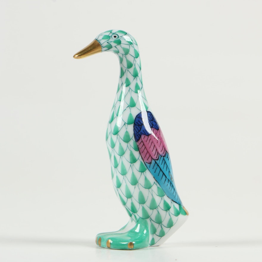 Herend Green Fishnet with Gold "Small Duck" Porcelain Figurine, January 1997
