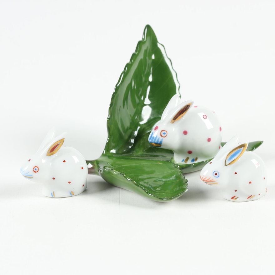 Herend Polka Dot "Rabbit on Leaf" and "Miniature Bunny" Porcelain Figurines