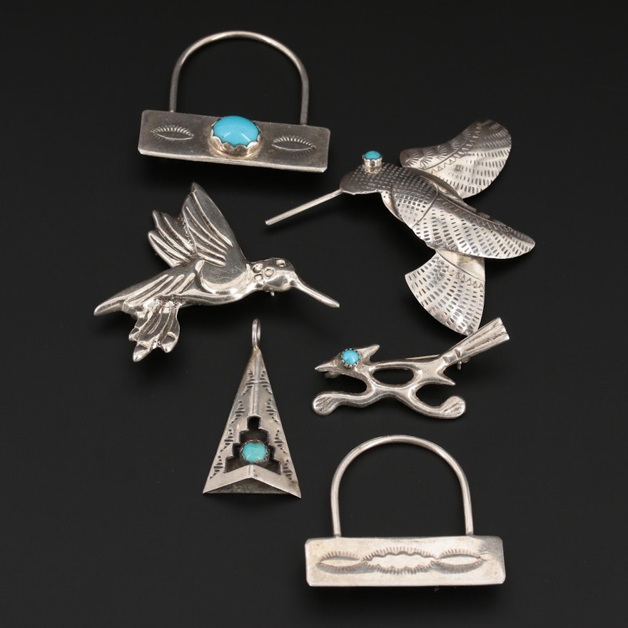 Southwestern Style Sterling Silver Turquoise Pendant and Brooches