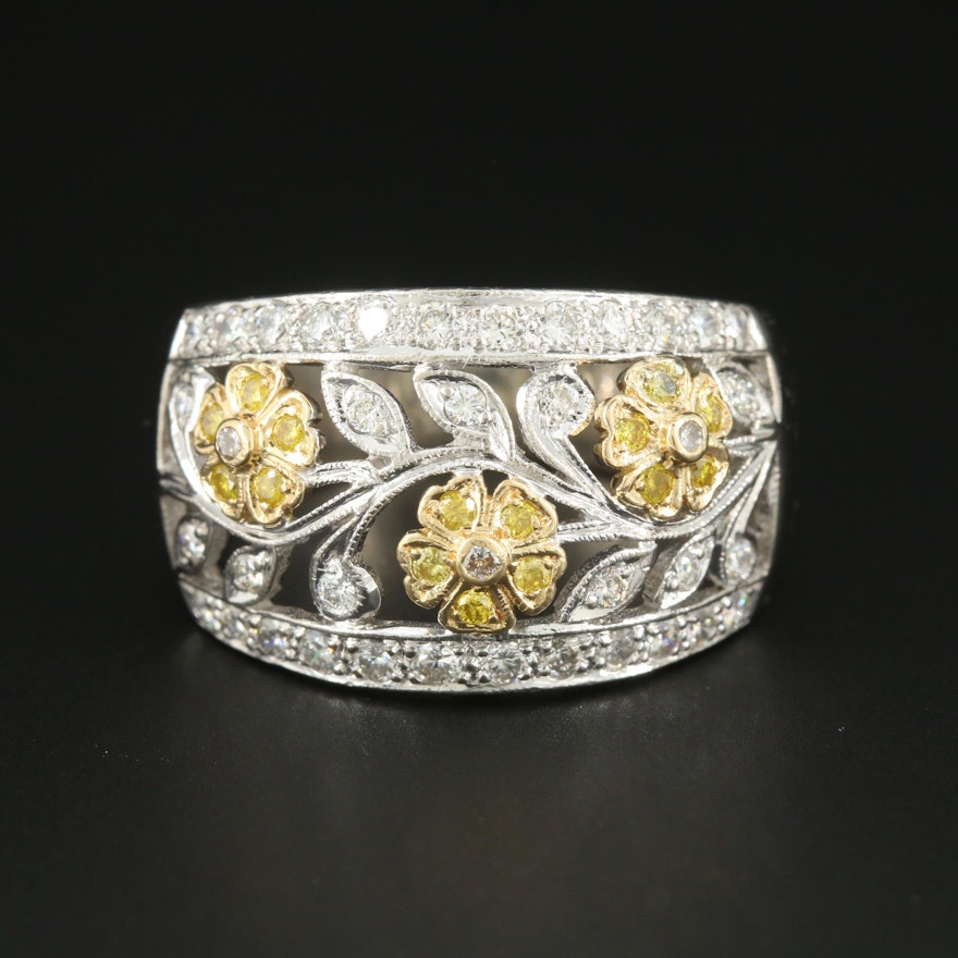 18K White Gold Diamond Ring with Yellow Gold Flower Accents