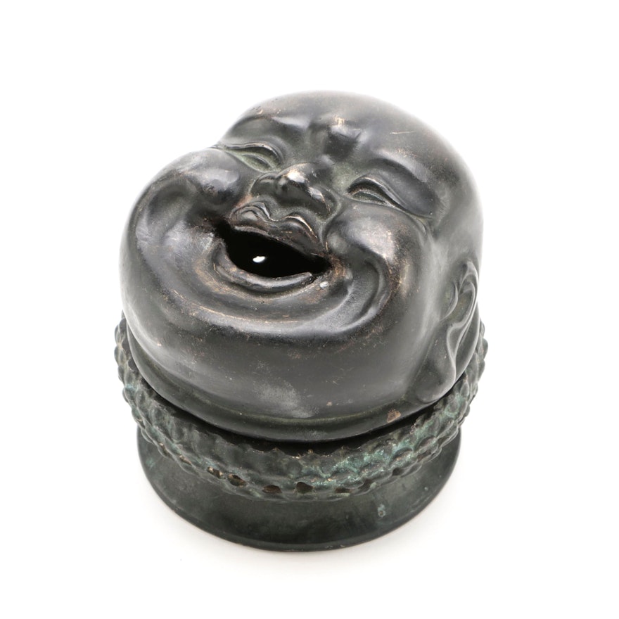 Chinese Brass Budai Head Form Censer with Inscribed Base