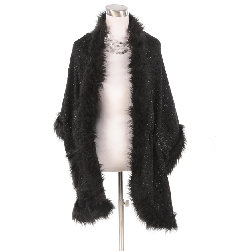 Chico's Black and Metallic Knit Wrap with Faux Fur and Illusion Strand Necklace