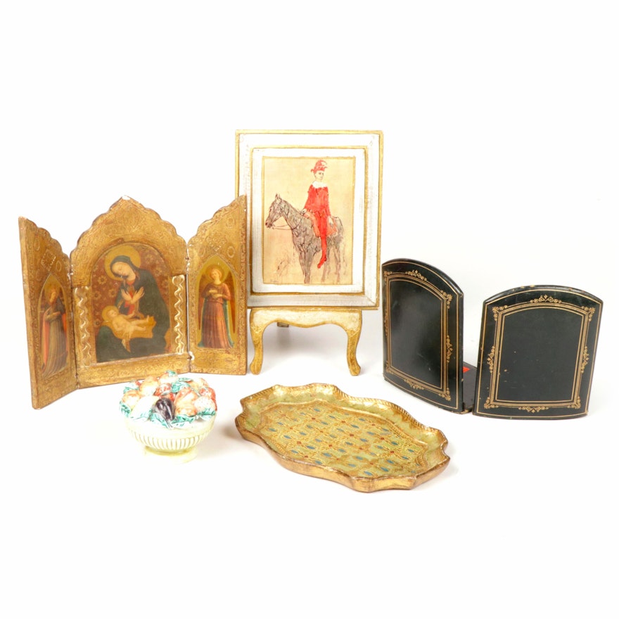Florentine Giltwood Collection with Italian Porcelain and Leather Bookends