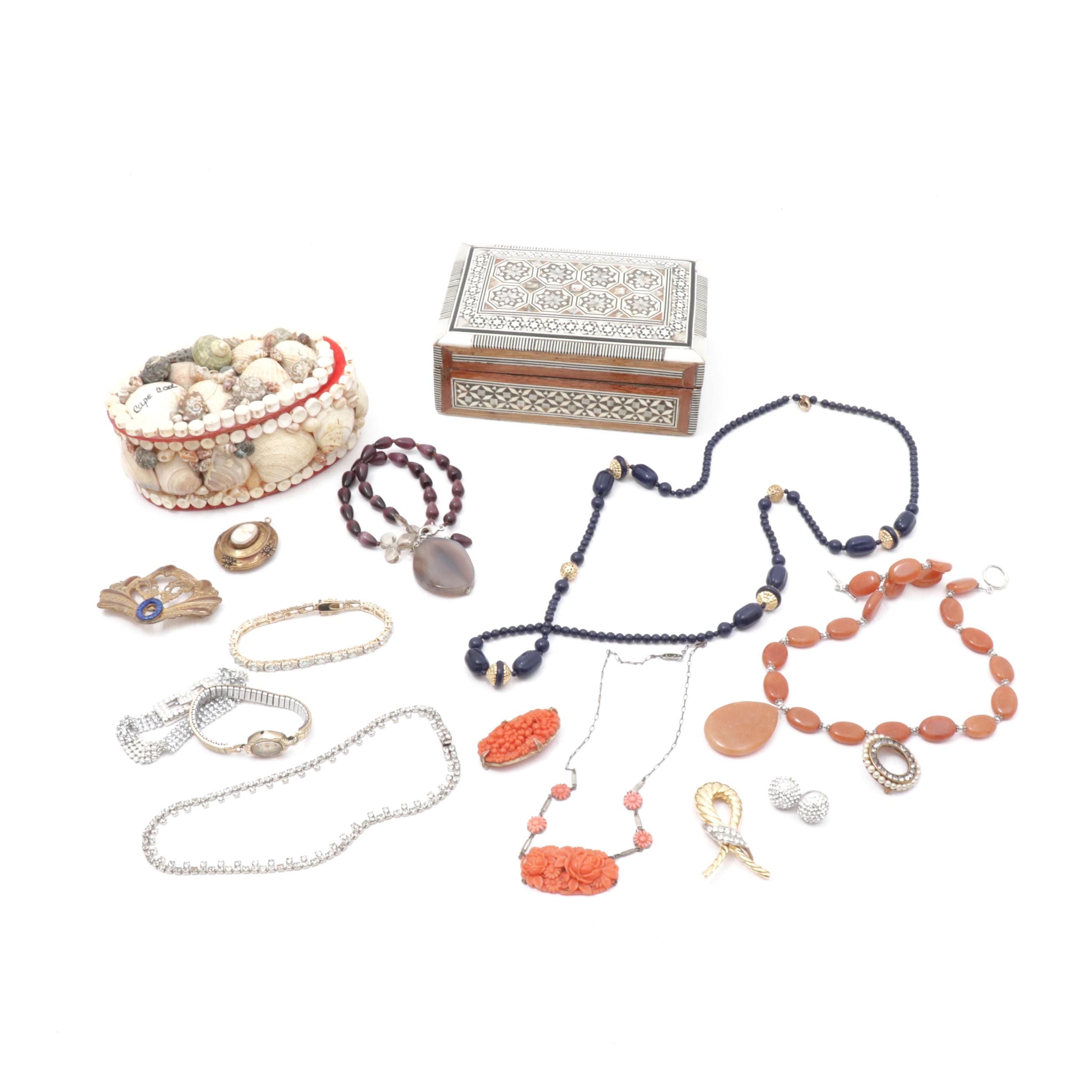 Mother of Pearl & Shell Boxes, Swarovski Crystal & Vintage Jewelry