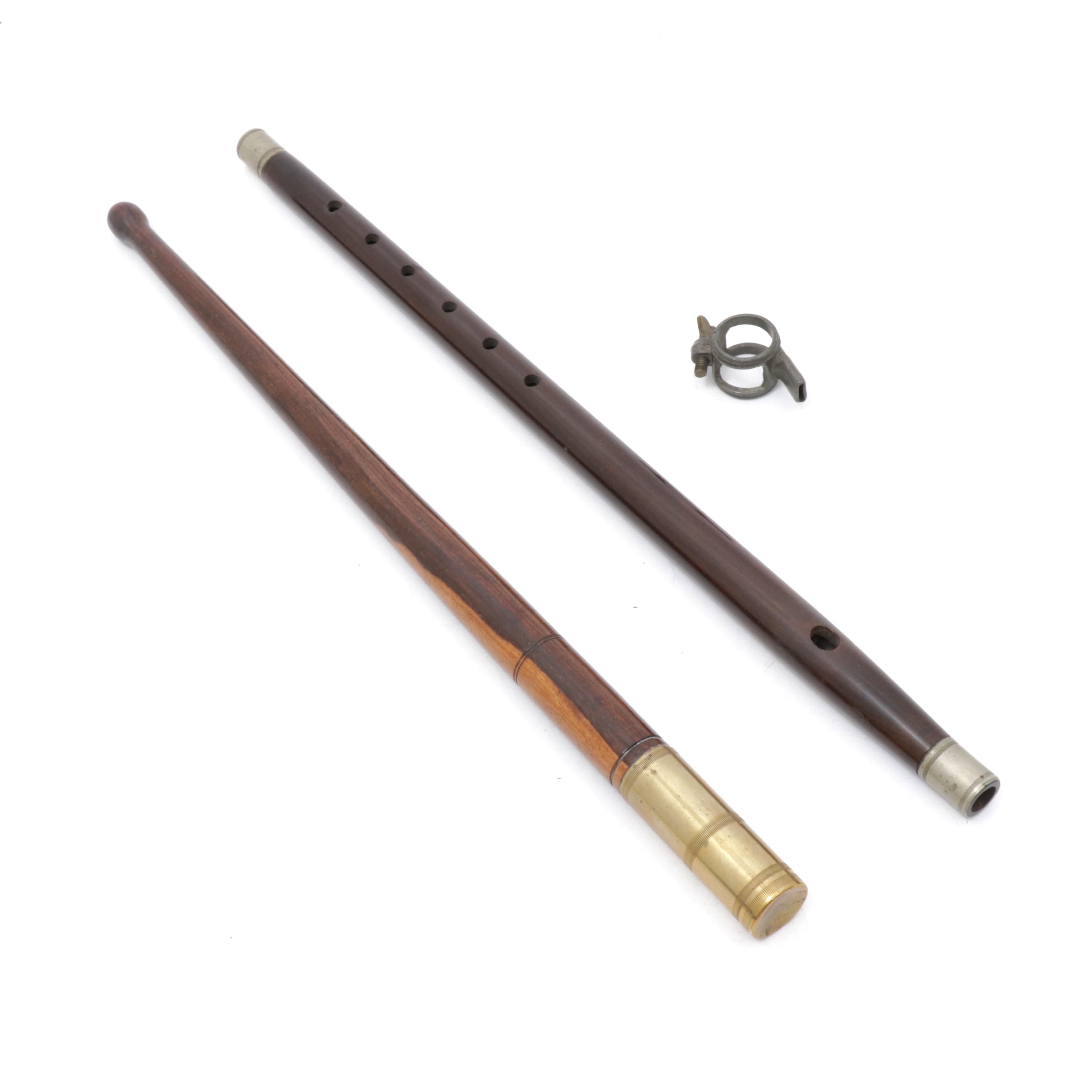 Civil War Era Rosewood Fife with Pewter Cheater Mouthpiece and Drum Stick