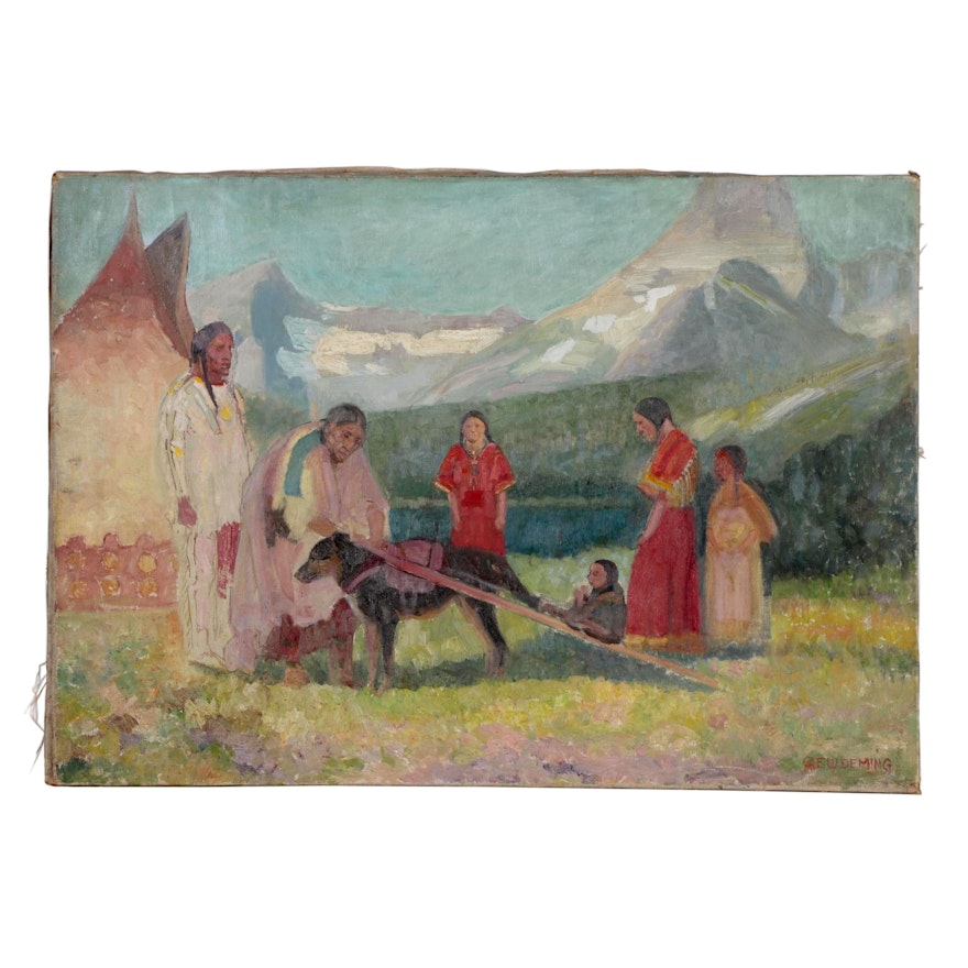 Edwin Willard Deming Figural Oil Painting of Native American Scene