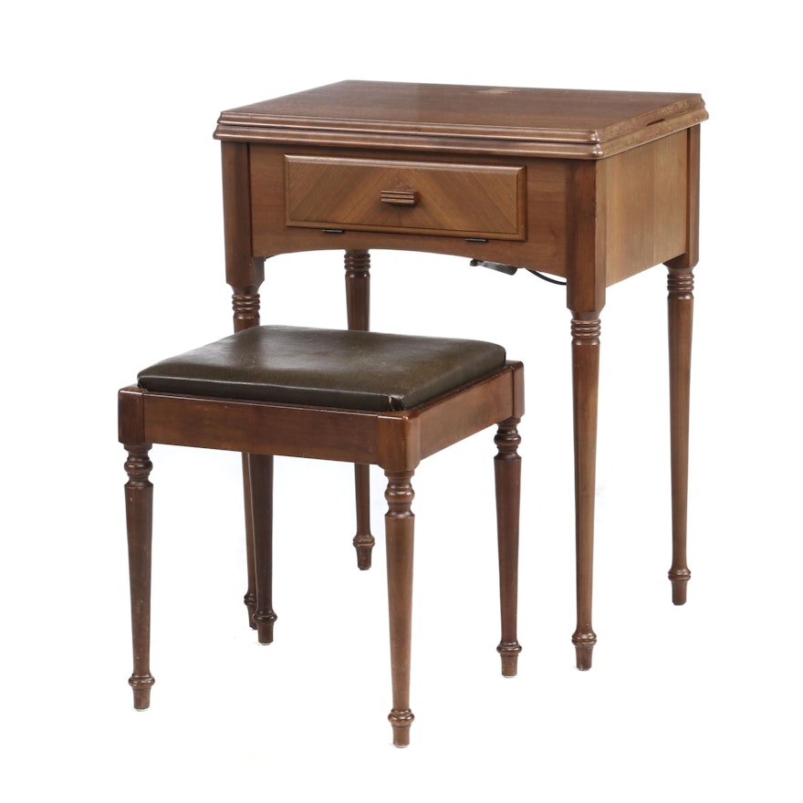 Singer Sewing Machine in Walnut Table with Stool, Circa 1940s