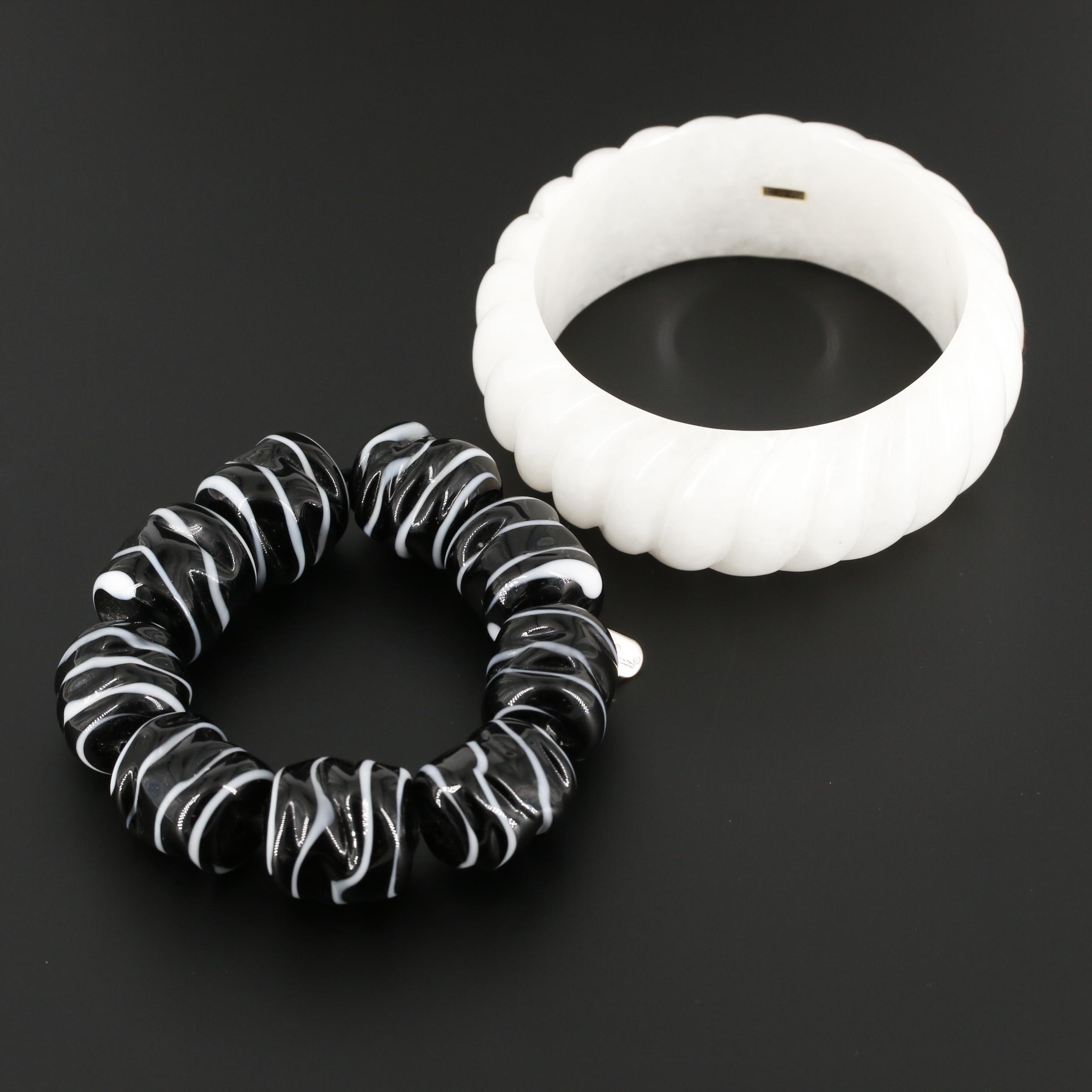 Fluted White Quartz Bangle and Hilary London Glass Beaded Bracelet