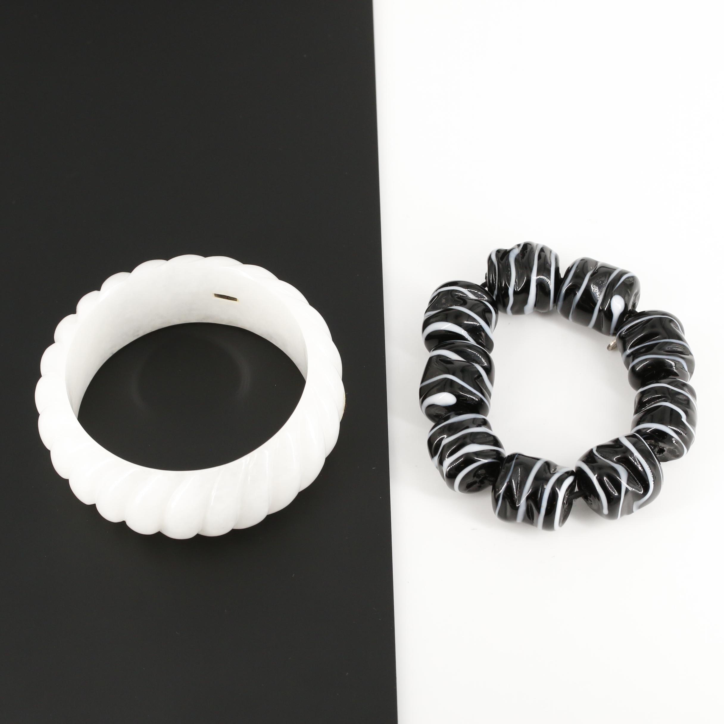 Fluted White Quartz Bangle and Hilary London Glass Beaded Bracelet