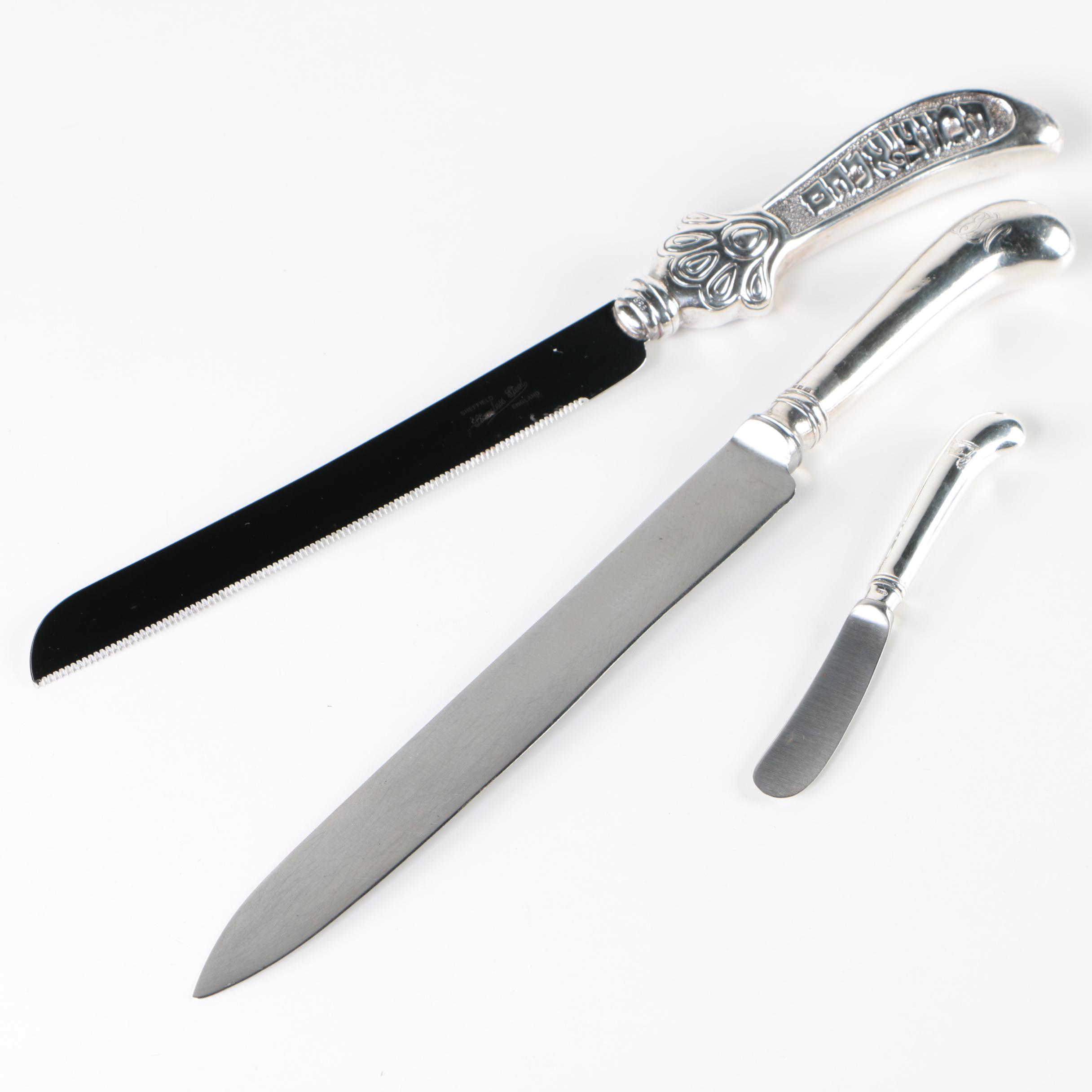 Sterling Silver-Handled Knives Including a Sheffield Challah Bread Knife