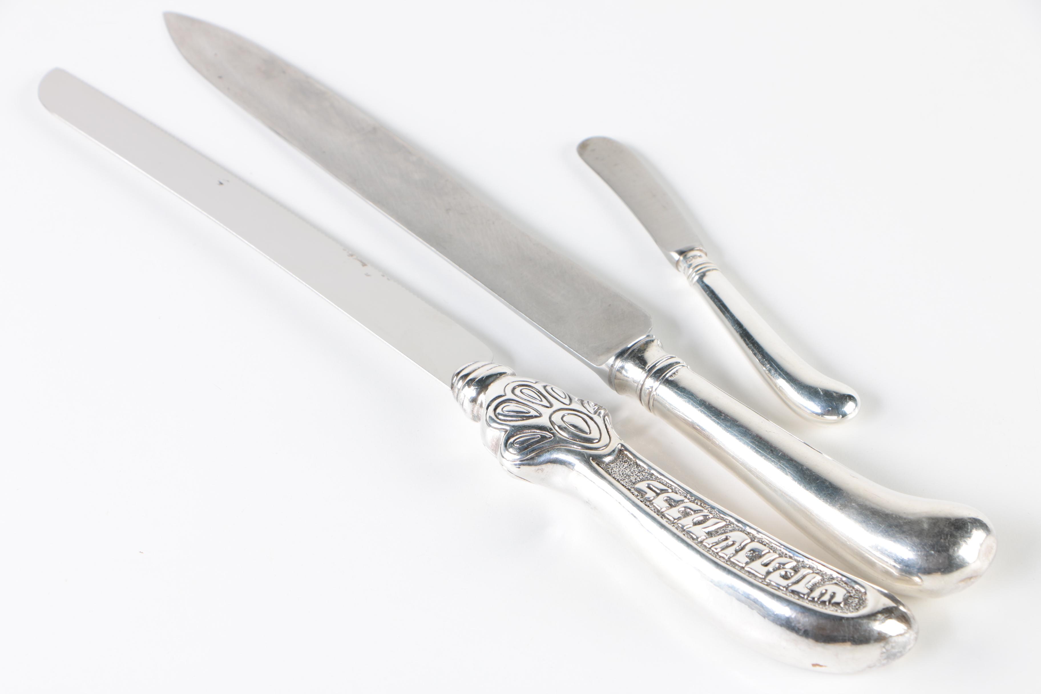 Sterling Silver-Handled Knives Including a Sheffield Challah Bread Knife