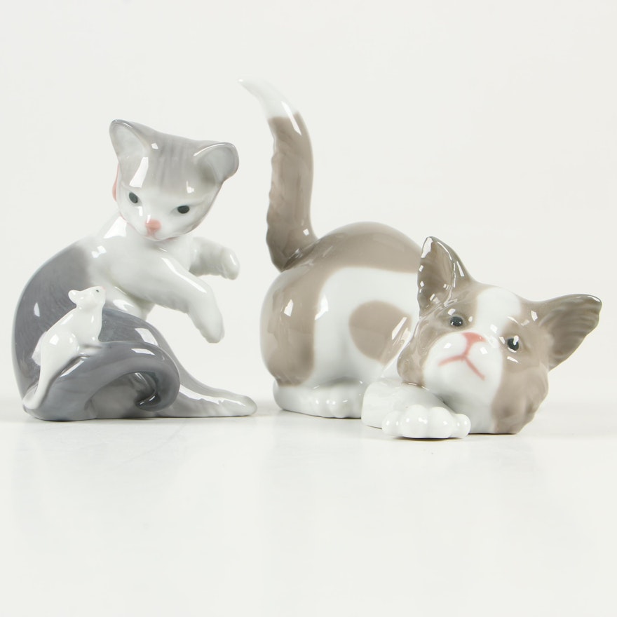 Lladró "Attentive Cat" and "Cat and Mouse" Porcelain Figurines, 1980s