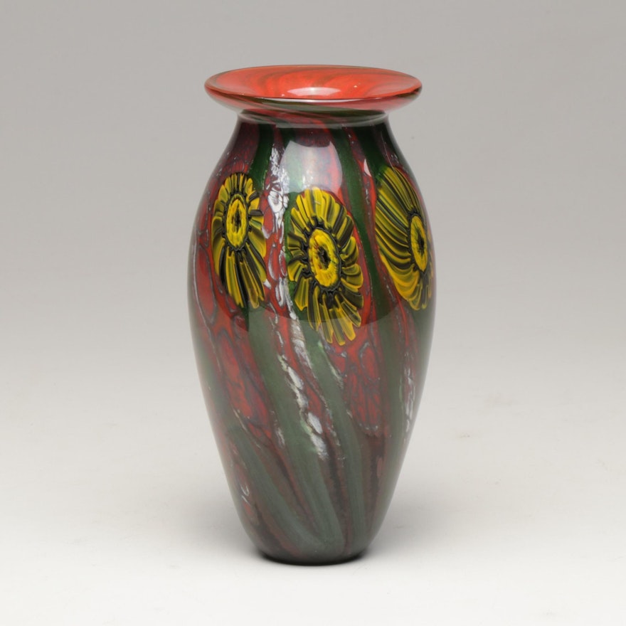Robert Eickholt Blown Glass Vase with Sunflower Motif, 2005