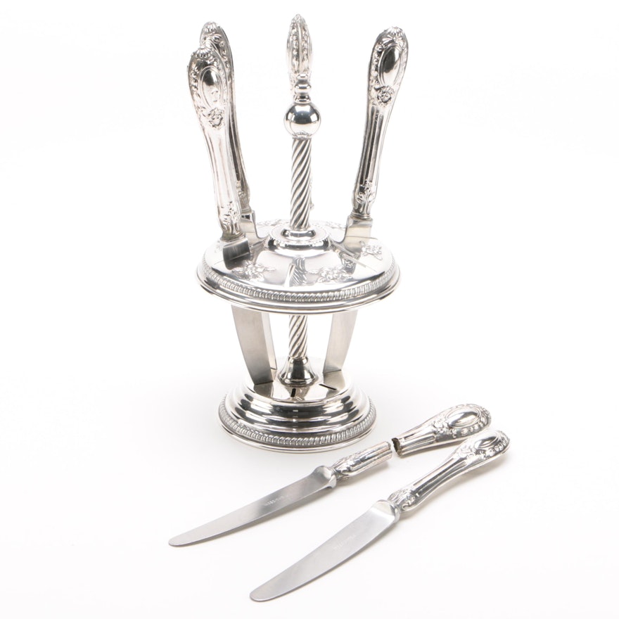 Sterling Silver Knife Stand with Italian 800 Silver-Handled Dessert Knives