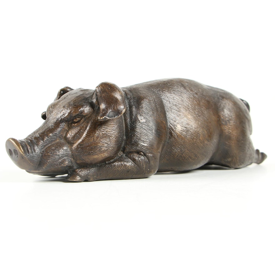 Japanese Meiji Period Bronze Sculpture of Resting Pig