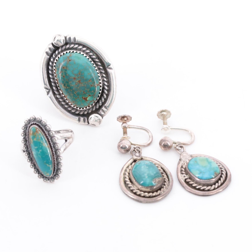 Signed and Southwestern Sterling Turquoise Rings and Screw Back Earrings