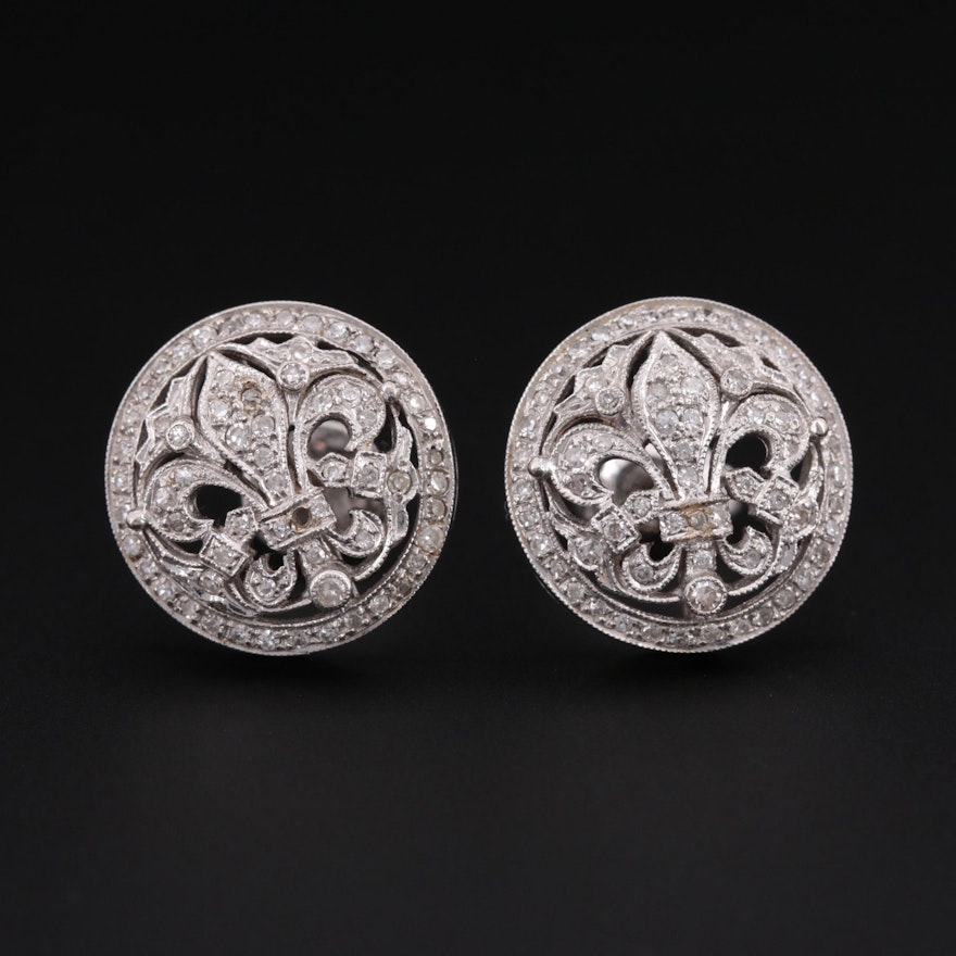 Antique 18K White Gold & Diamond Fleur-de-Lis Earrings