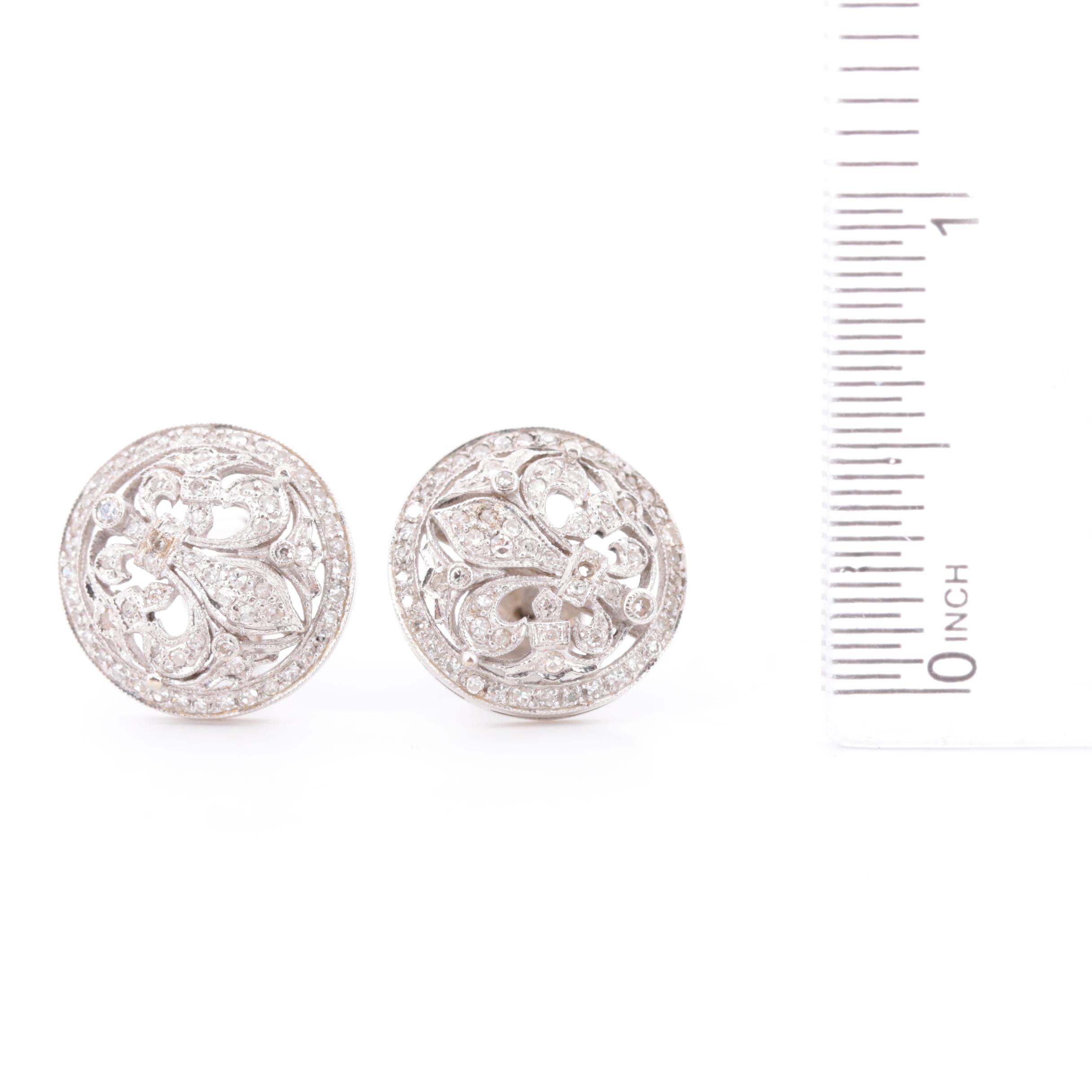 Antique 18K White Gold & Diamond Fleur-de-Lis Earrings
