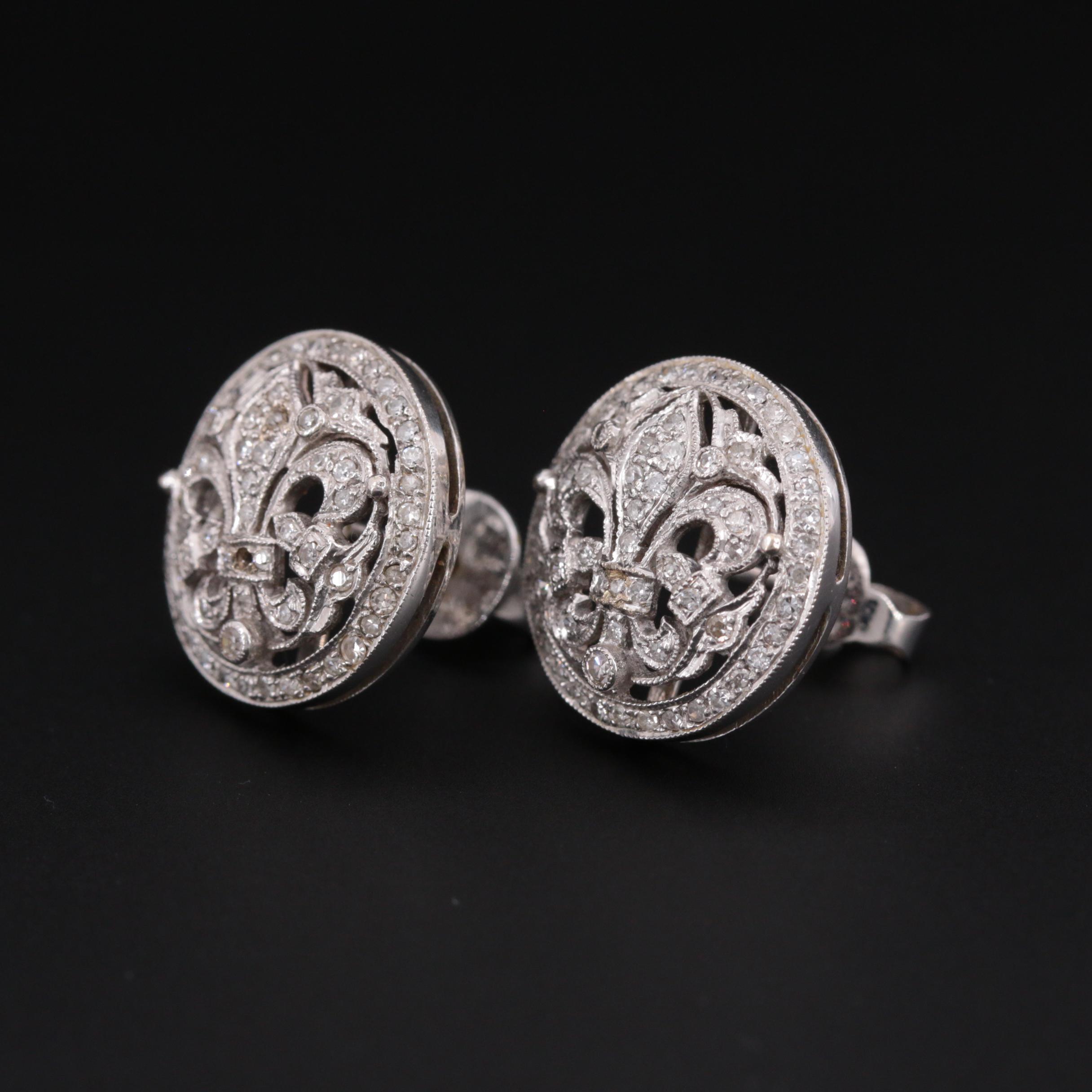Antique 18K White Gold & Diamond Fleur-de-Lis Earrings