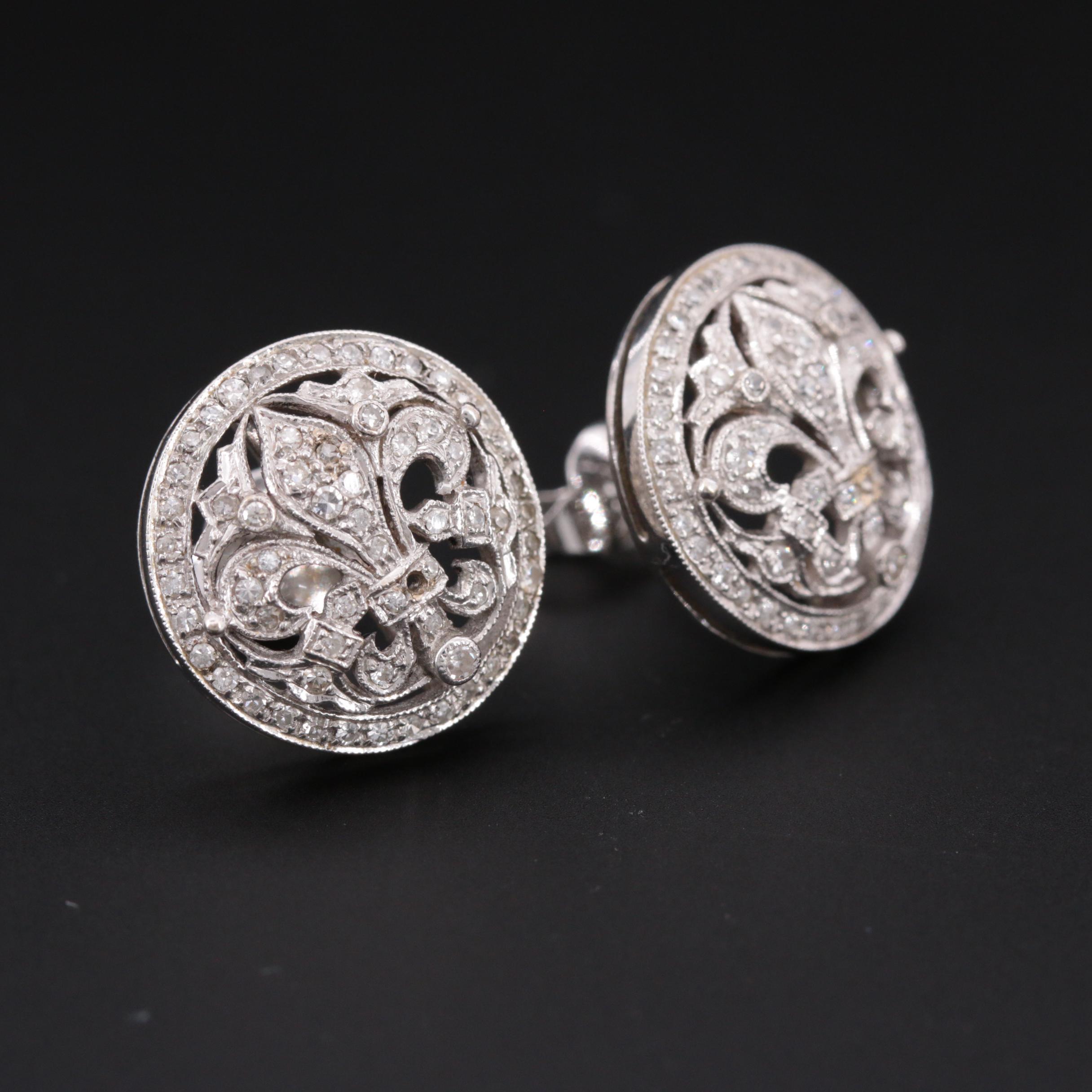 Antique 18K White Gold & Diamond Fleur-de-Lis Earrings