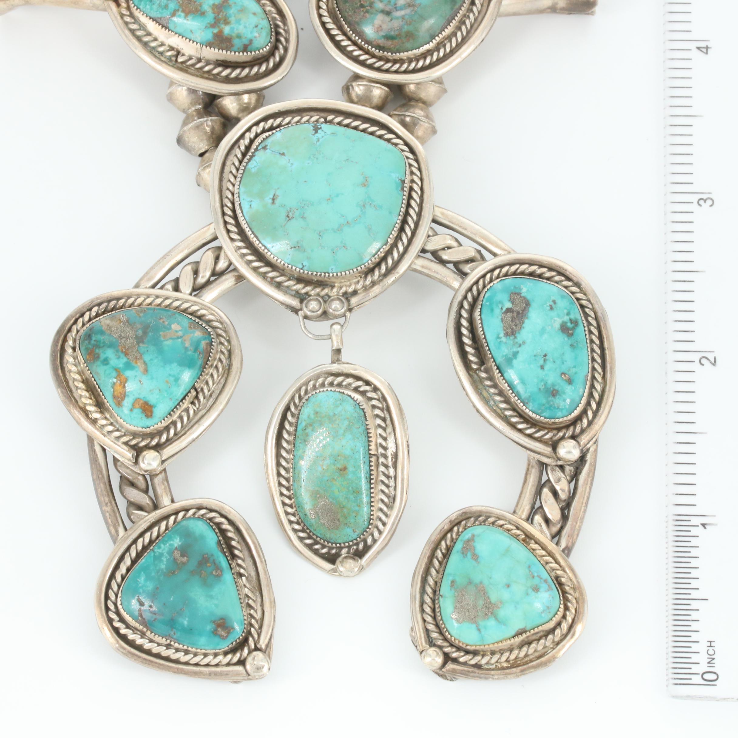 Antique Southwestern Sterling Silver Turquoise Squash Blossom Necklace