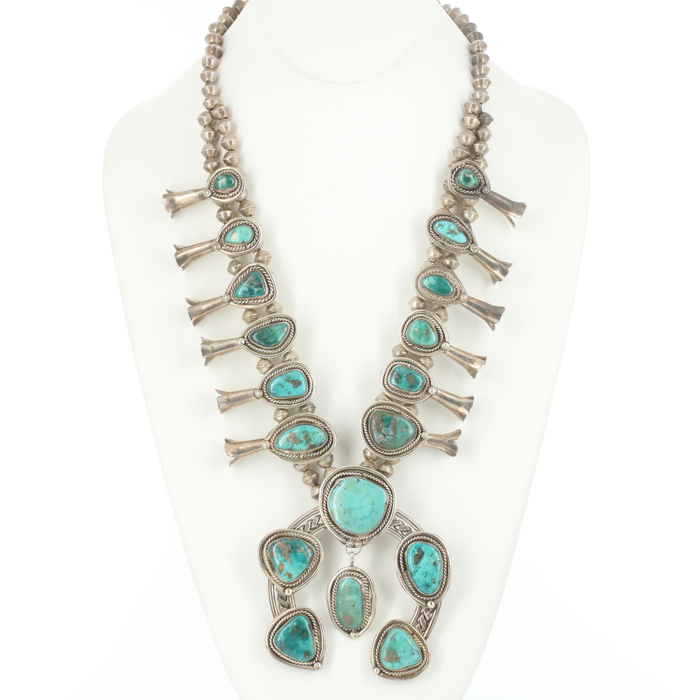 Antique Southwestern Sterling Silver Turquoise Squash Blossom Necklace