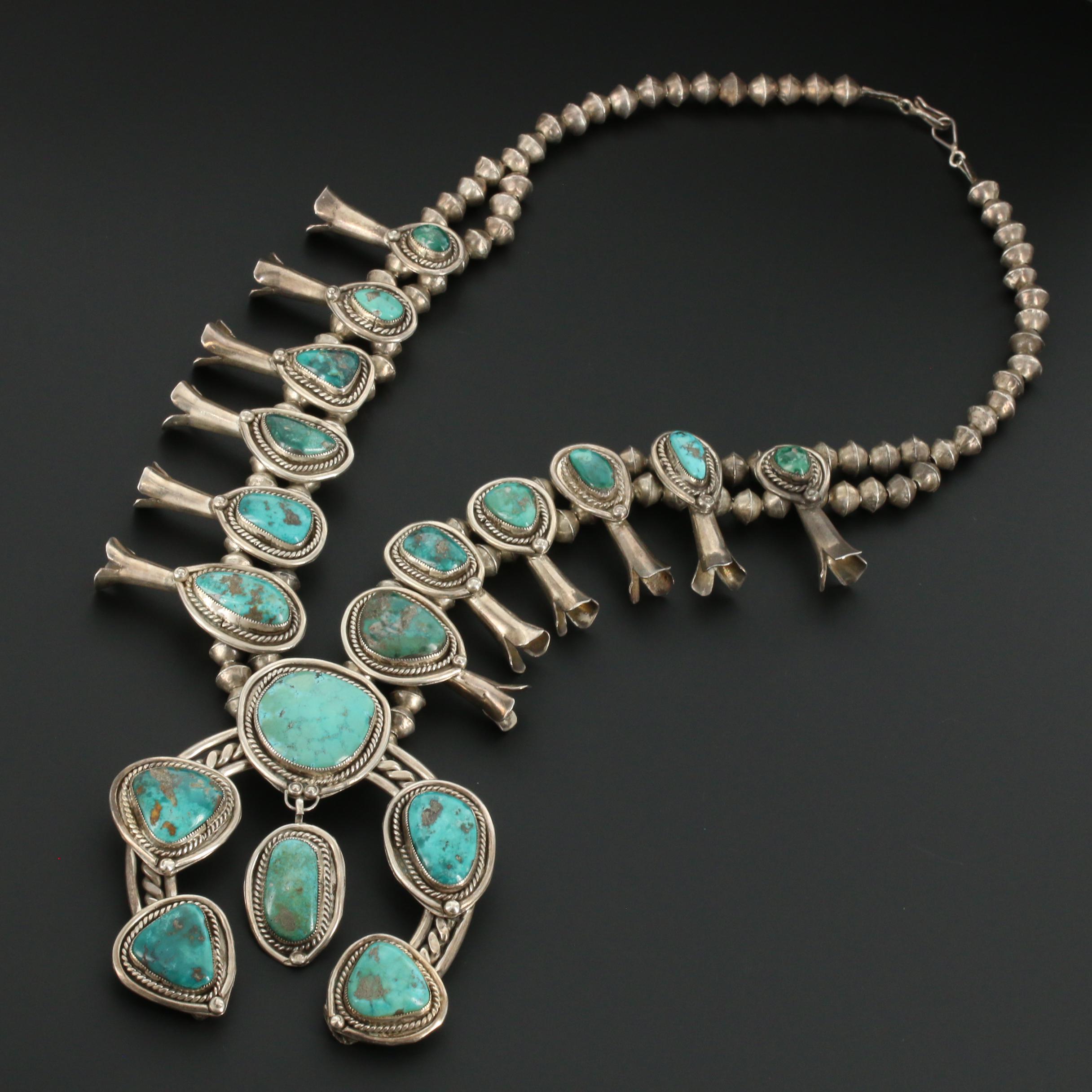 Antique Southwestern Sterling Silver Turquoise Squash Blossom Necklace