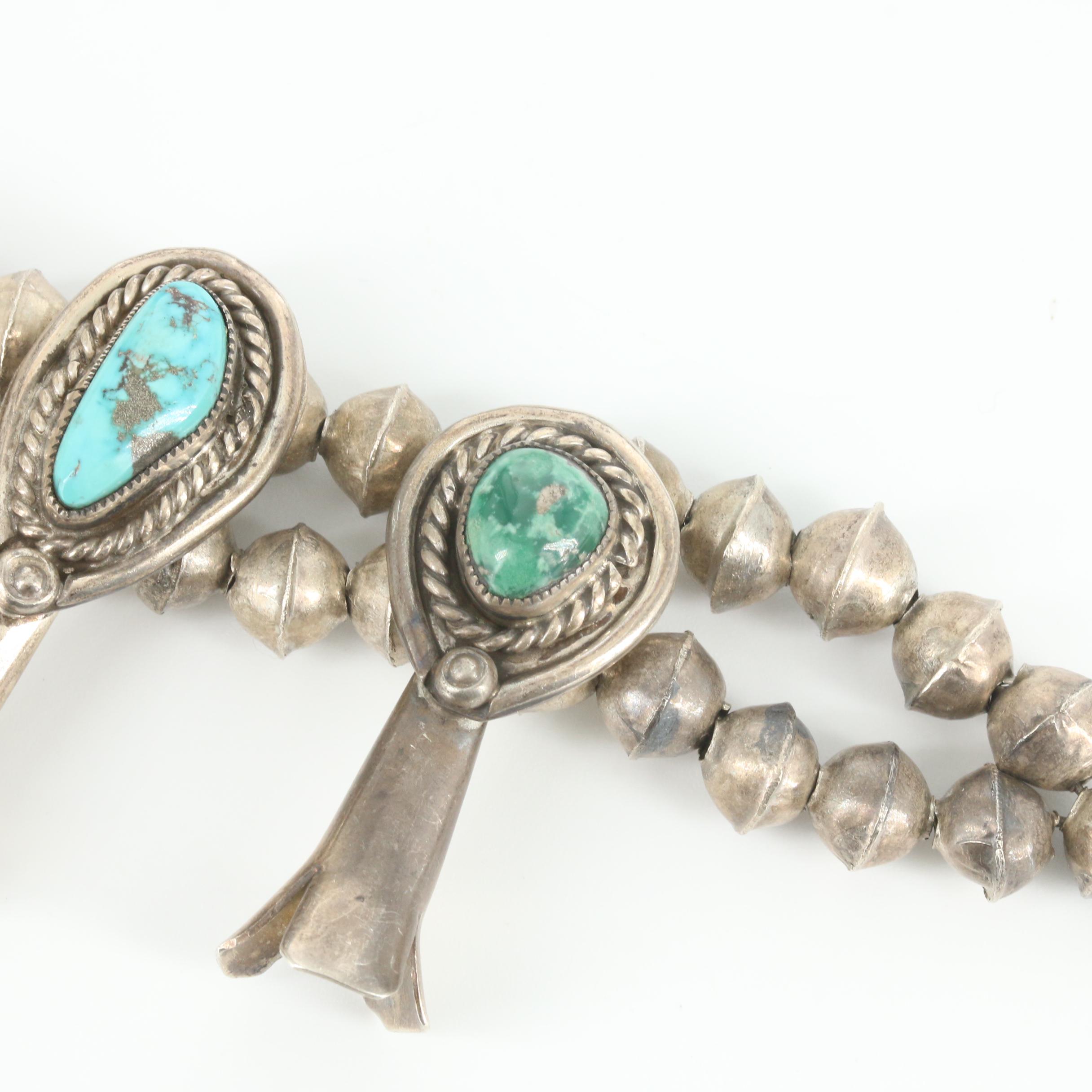 Antique Southwestern Sterling Silver Turquoise Squash Blossom Necklace