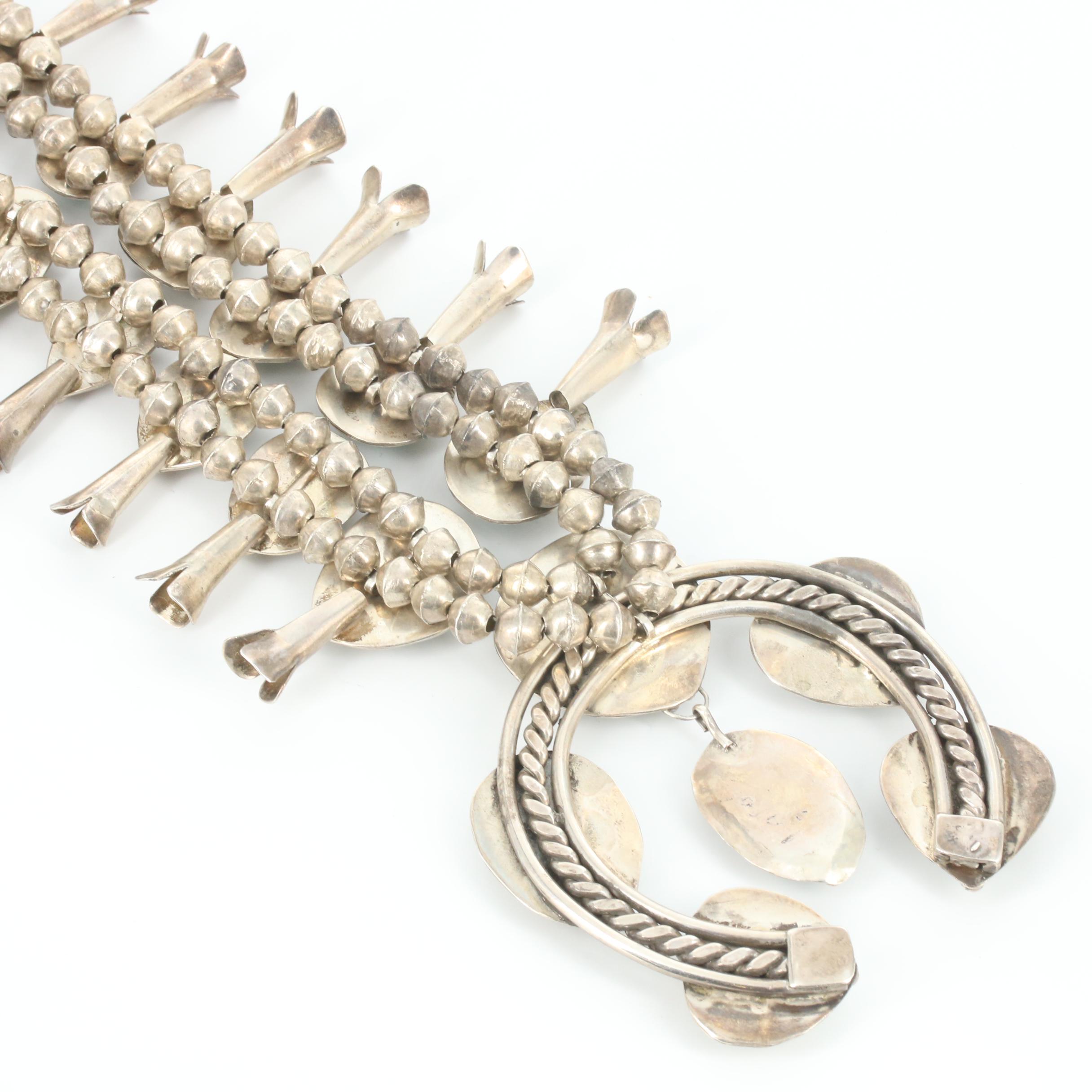 Antique Southwestern Sterling Silver Turquoise Squash Blossom Necklace