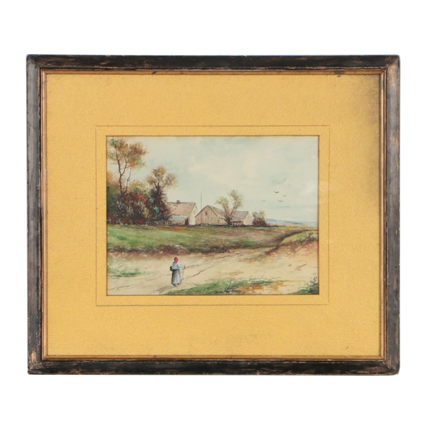 Early 20th Century Watercolor Painting of Figural Pastoral Scene