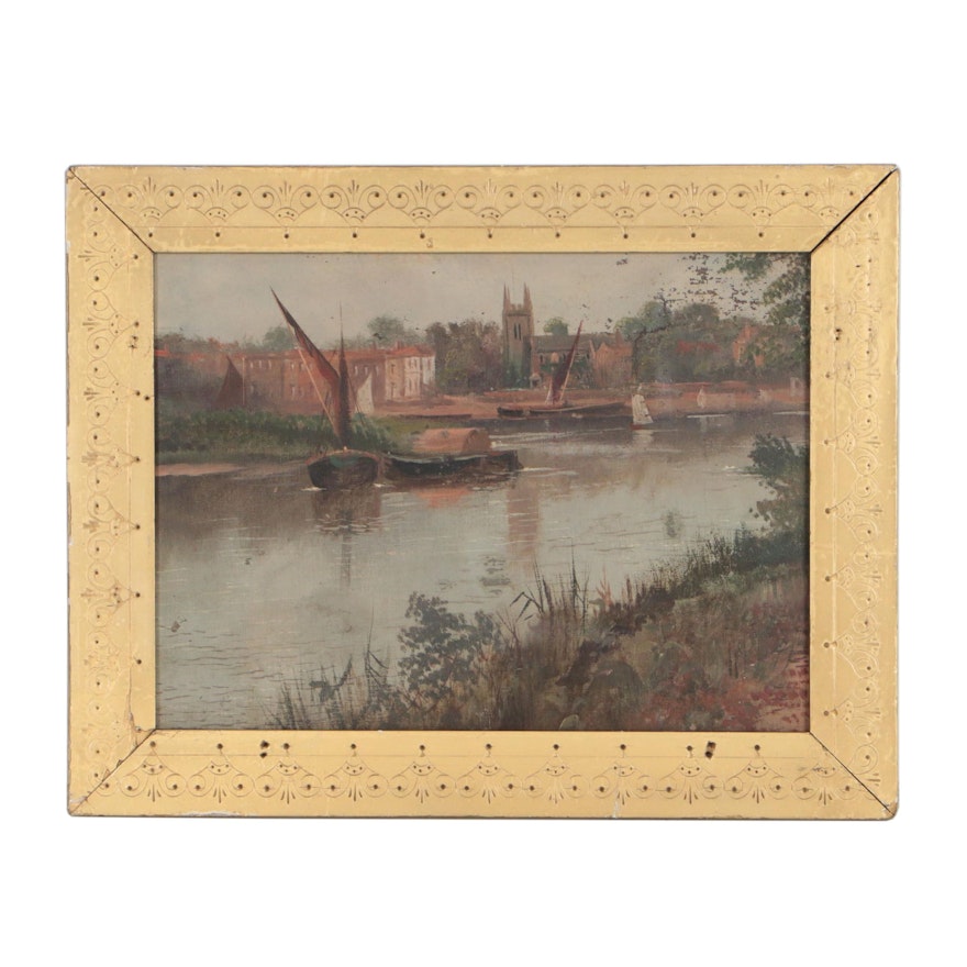 Early 20th Century Oil Painting of River Town