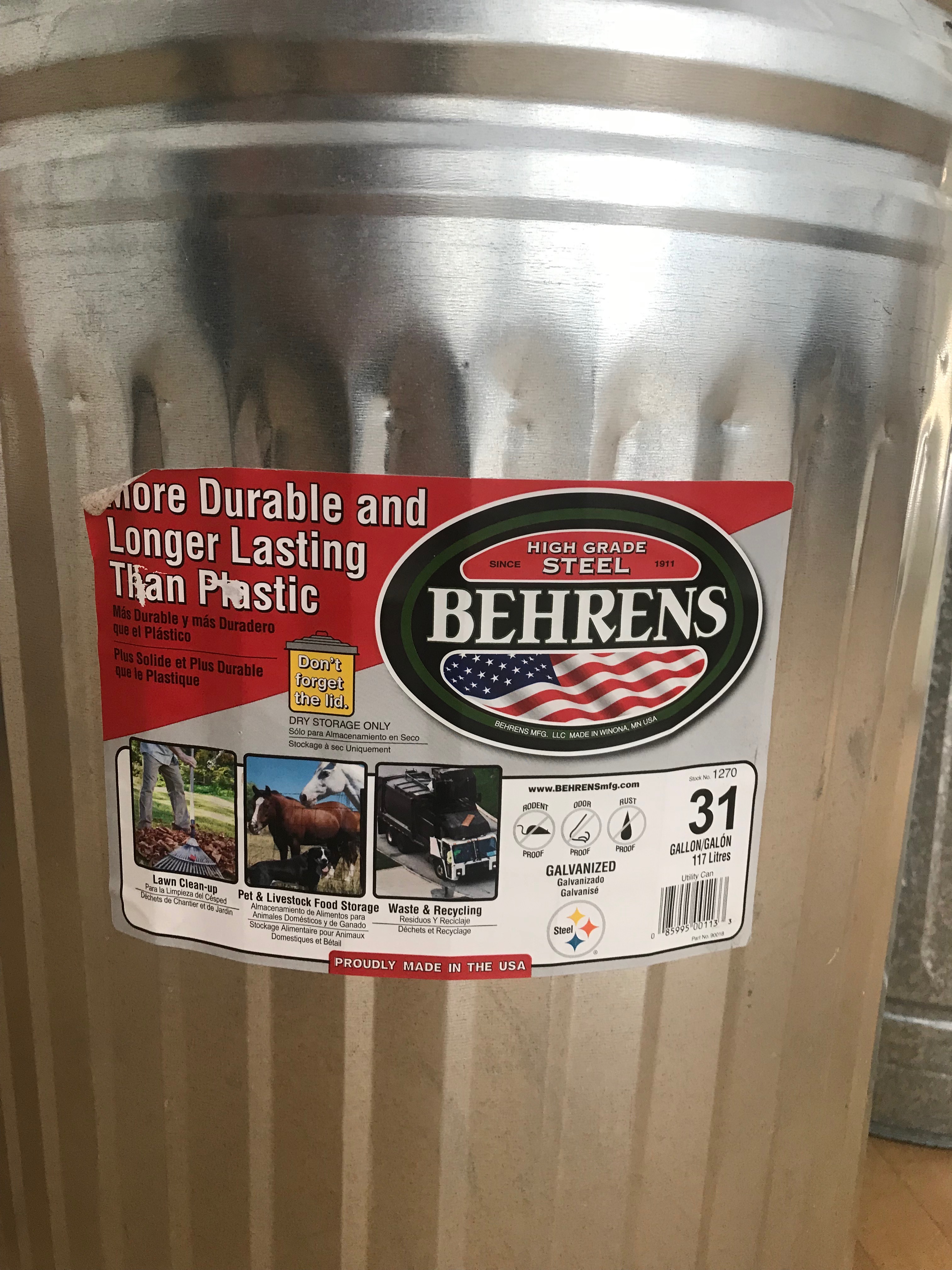 Behrens Galvanized Steel Thirty-One Gallon Trash Bins