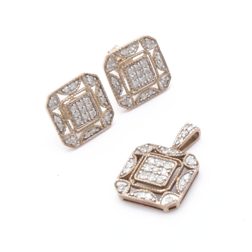 10K Yellow Gold Diamond Pendant and Earrings Set