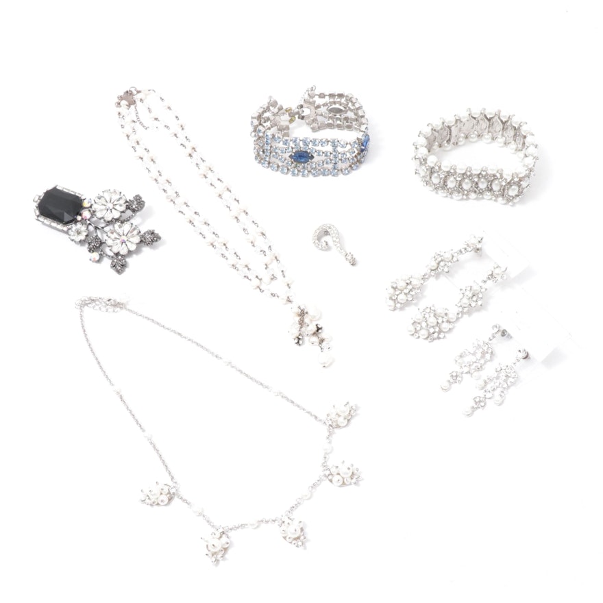Silver Tone Rhinestone and Faux Pearl Assorted Jewelry