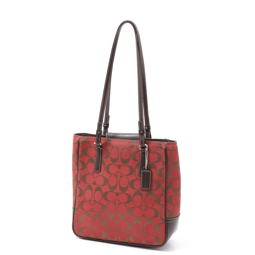 Coach Red Signature Canvas Mini Tote with Brown Leather Straps