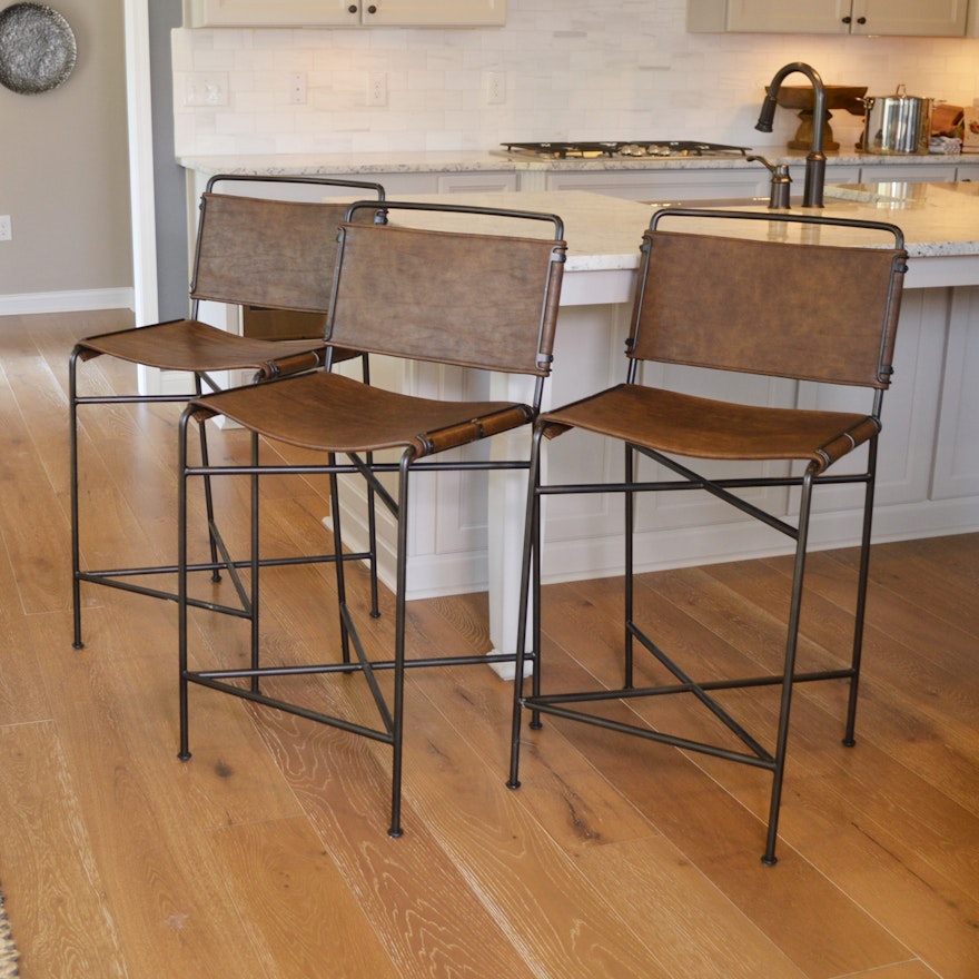 Contemporary Leather Counter Height Stools, Set of Three