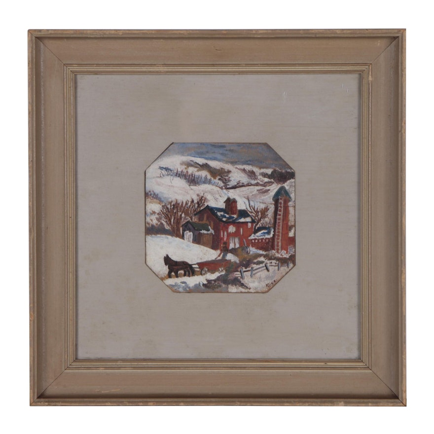 Early 20th Century Gouache Painting of Winter Pastoral Scene, Signed Rose