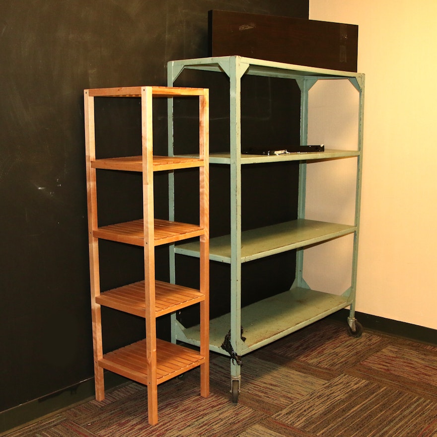 Metal Storage Shelf on Casters, Wooden Vertical Shelf & Wall Shelf