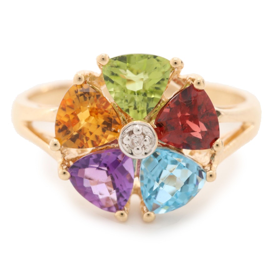 14K Yellow Gold Diamond, Topaz, Amethyst, Garnet, Citrine and Peridot Ring