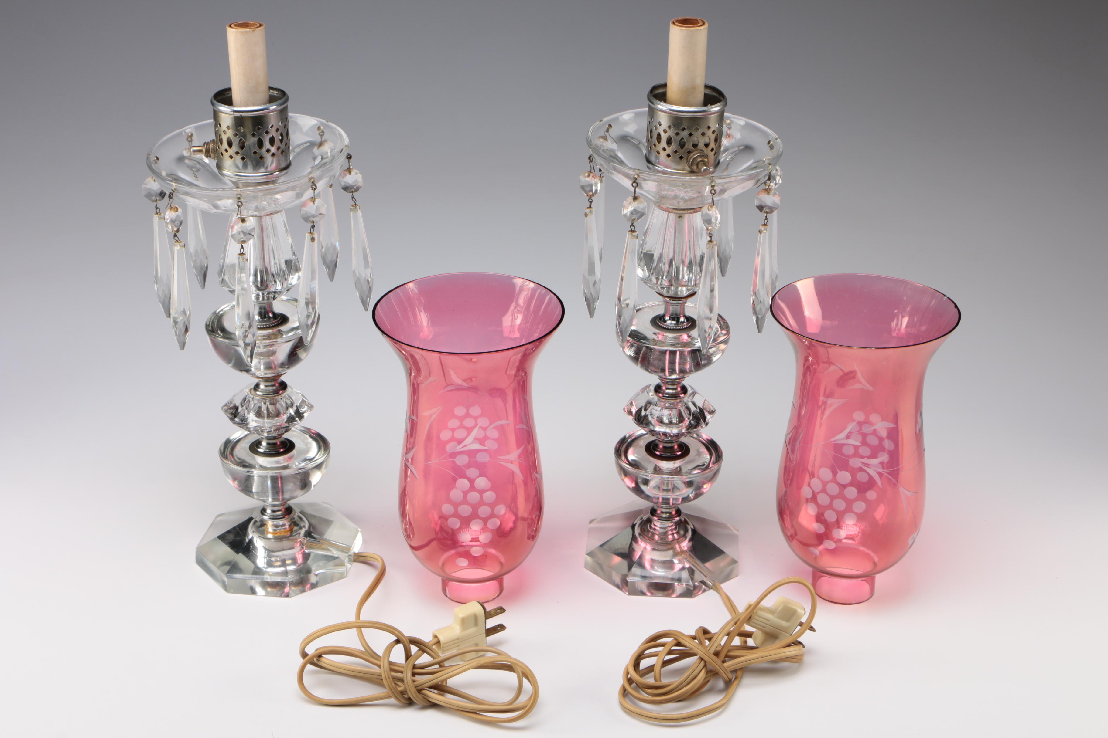 Pair of Victorian Style Mantle Luster Table Lamps with Cranberry Hurricanes