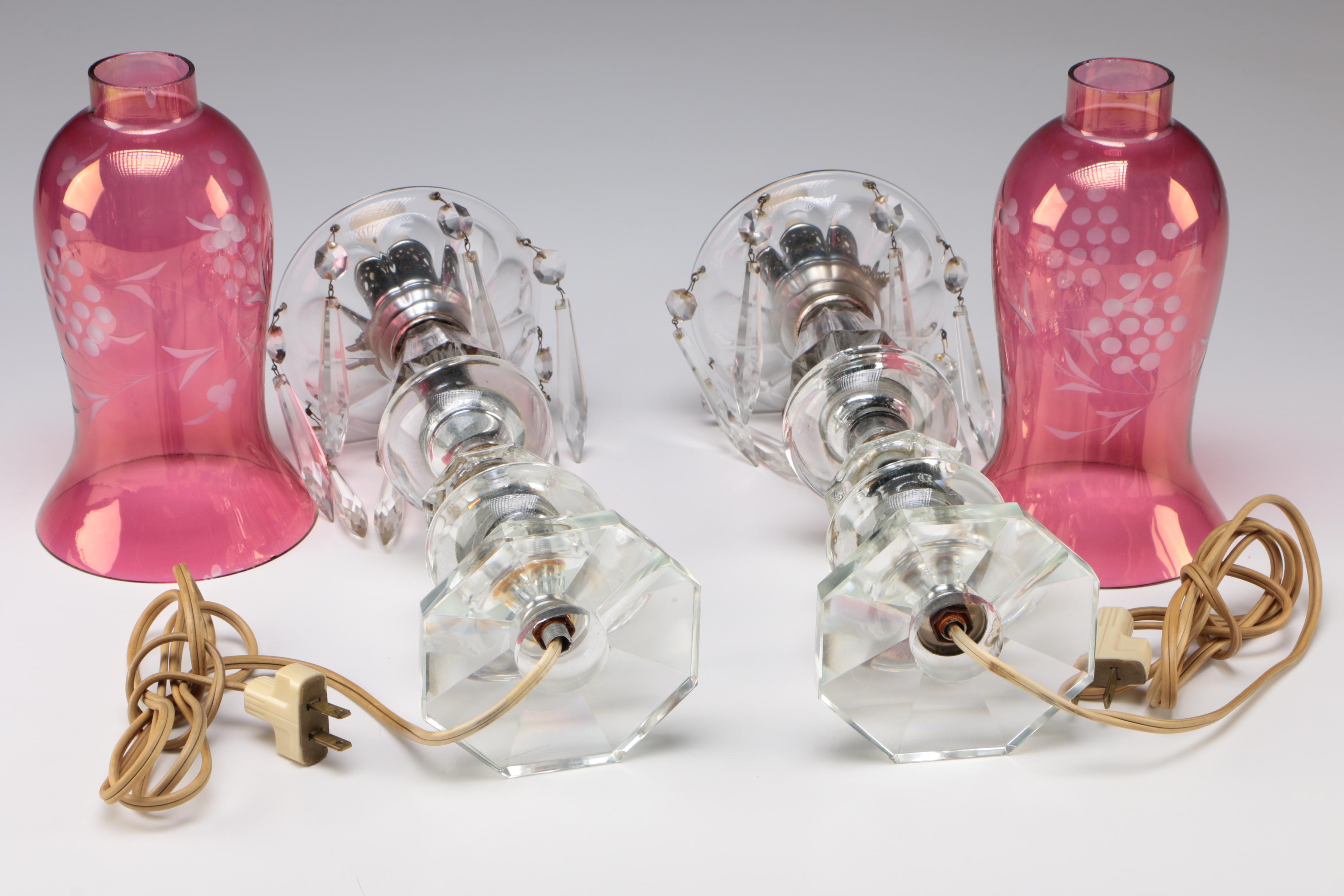 Pair of Victorian Style Mantle Luster Table Lamps with Cranberry Hurricanes