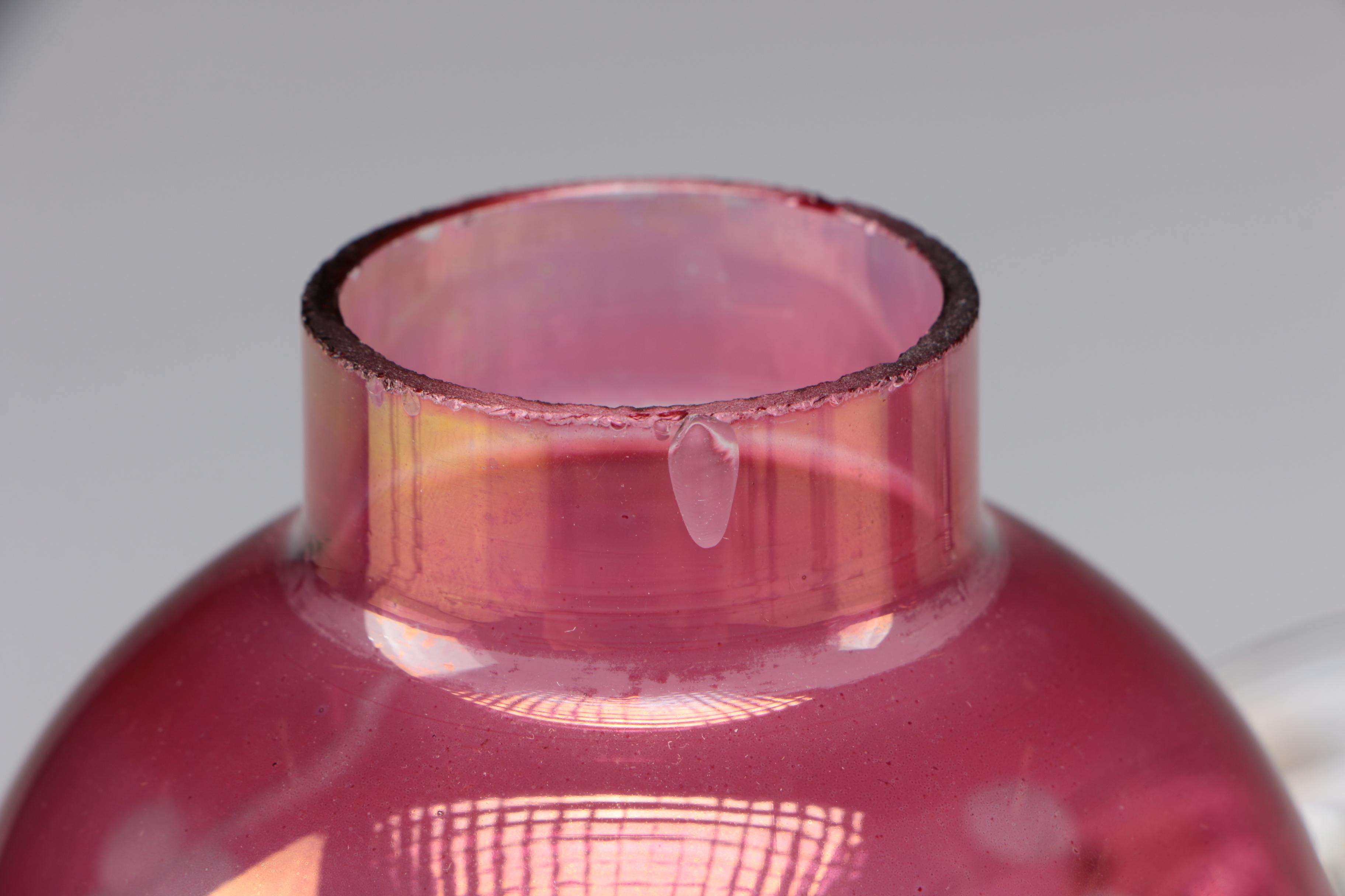 Pair of Victorian Style Mantle Luster Table Lamps with Cranberry Hurricanes