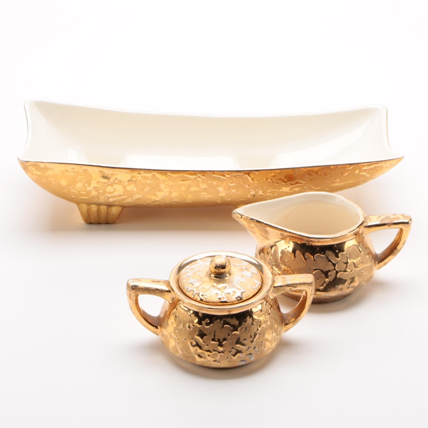 Stanford Pottery 24K Gilt Creamer, Sugar, and Console Bowl, 1945-1961