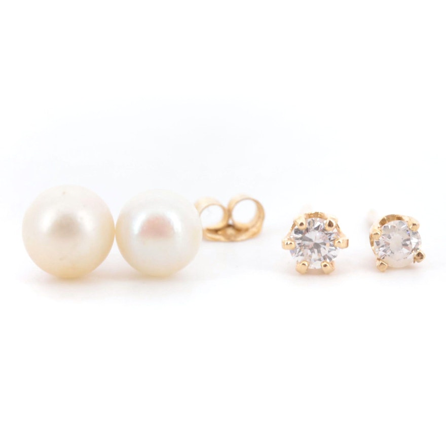 14K Yellow Gold Diamond and Cultured Pearl Stud Earrings