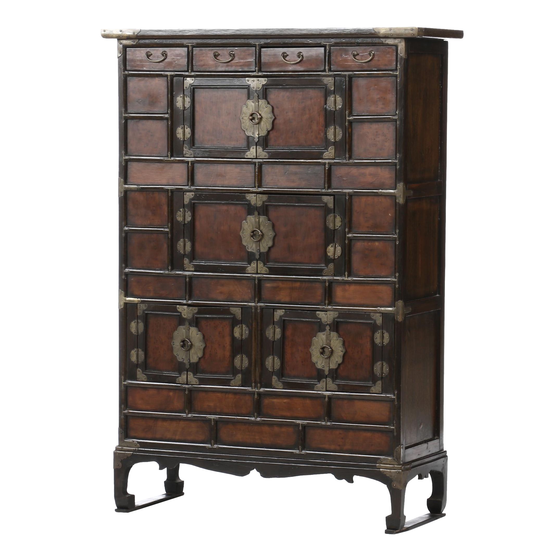 Korean Brass-Mounted Oak and Burlwood Tansu, 20th Century