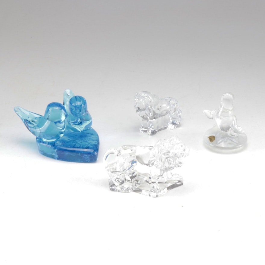 Animal Figurines Including Crystal and Titan Art Glass "Happy Little Bluebirds"