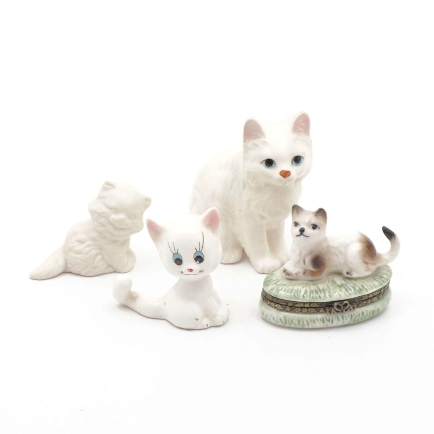 Ceramic White Cat Figurines and Trinket Box